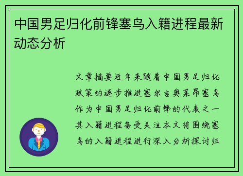 中国男足归化前锋塞鸟入籍进程最新动态分析 中国男足归化前锋塞鸟入籍进程最新动态分析