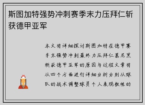 斯图加特强势冲刺赛季末力压拜仁斩获德甲亚军