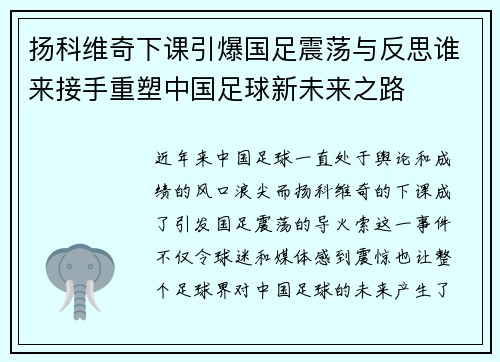 扬科维奇下课引爆国足震荡与反思谁来接手重塑中国足球新未来之路