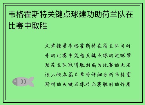 韦格霍斯特关键点球建功助荷兰队在比赛中取胜 韦格霍斯特关键点球建功助荷兰队在比赛中取胜