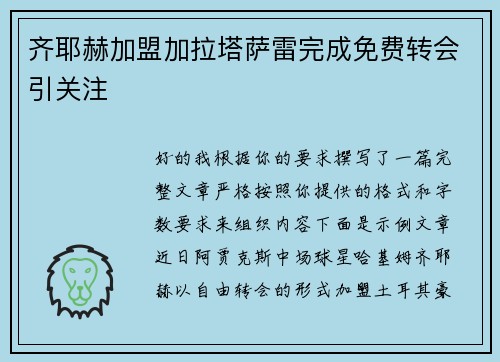 齐耶赫加盟加拉塔萨雷完成免费转会引关注